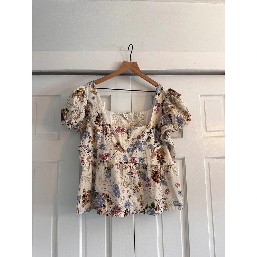Anthropologie Floral Puff Sleeve Peplum Top Cream Multi XL Square Neck Smocked